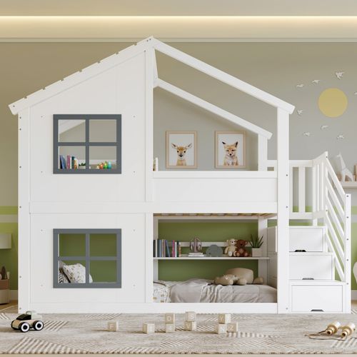 Lit Superposé 90x200 Cm Avec Escalier-rangement Trois Niveaux Fenêtres Et Toit