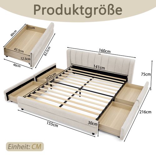 Lit Coffre 140x200 Cm Avec 4 Tiroirs De Rangement Tissu Chenille Beige