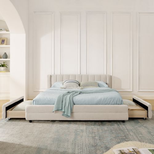 Lit Coffre 140x200 Cm Avec 4 Tiroirs De Rangement Tissu Chenille Beige