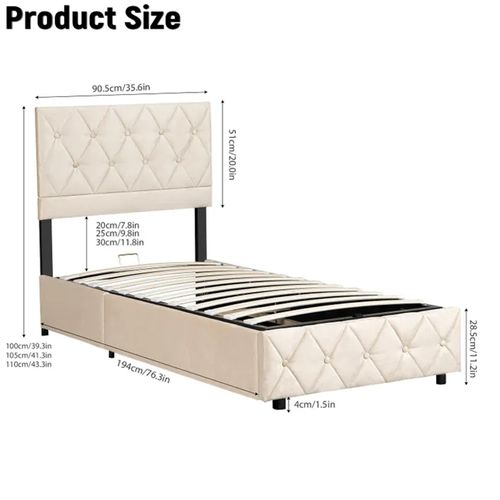 Lit Coffre 90×190 Cm En Velours Beige Clair, Capitonné, Avec Sommier Relevable