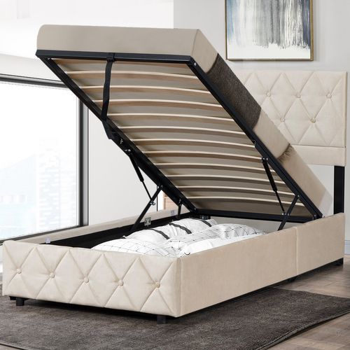 Lit Coffre 90×190 Cm En Velours Beige Clair, Capitonné, Avec Sommier Relevable