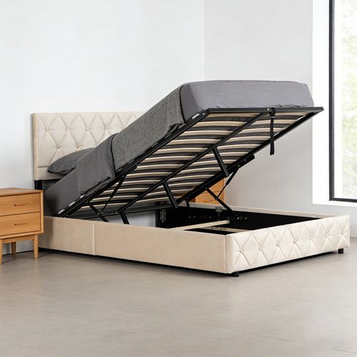 Lit Coffre 140×200 Cm En Velours Beige Clair, Capitonné, Avec Sommier Relevable