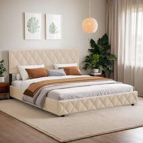 Lit Coffre 140×200 Cm En Velours Beige Clair, Capitonné, Avec Sommier Relevable