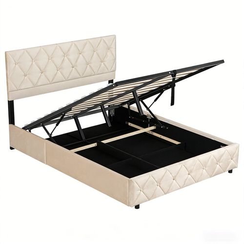 Lit Coffre 140×200 Cm En Velours Beige Clair, Capitonné, Avec Sommier Relevable