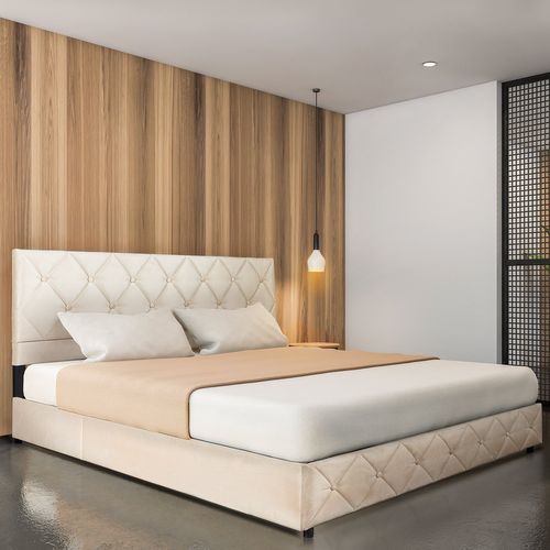 Lit Coffre 140×200 Cm En Velours Beige Clair, Capitonné, Avec Sommier Relevable