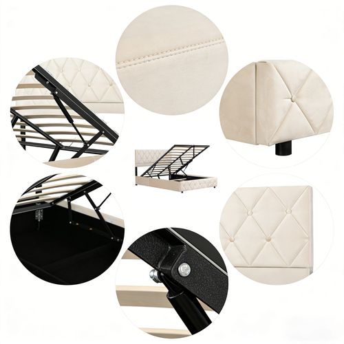 Lit Coffre 140×200 Cm En Velours Beige Clair, Capitonné, Avec Sommier Relevable