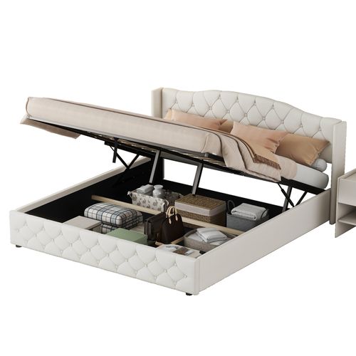 Lit Coffre 180x200 Cm Avec Sommier Relevable Tissu Beige