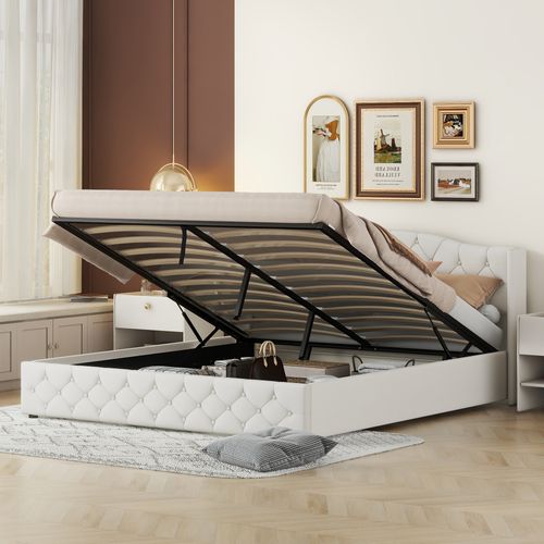 Lit Coffre 180x200 Cm Avec Sommier Relevable Tissu Beige