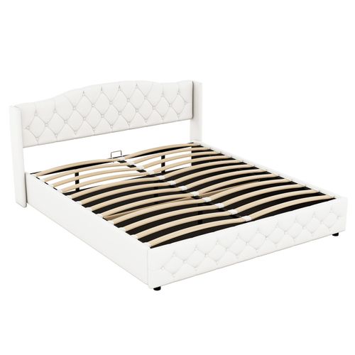 Lit Coffre 180x200 Cm Avec Sommier Relevable Tissu Beige