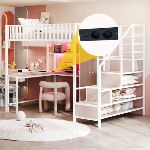 Lit Mezzanine 140x200 Cm Avec Structure En Métal Avec Bureau Et Rangements Blanc