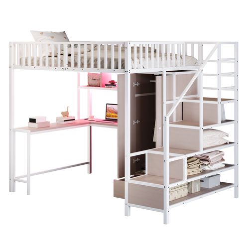 Lit Mezzanine 140x200 Cm Avec Structure En Métal Avec Bureau Et Rangements Blanc