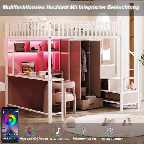 Lit Mezzanine 140x200 Cm Avec Structure En Métal Avec Bureau Et Rangements Blanc