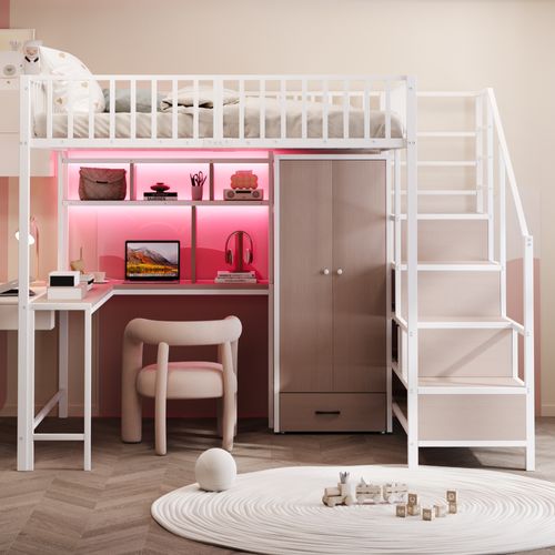 Lit Mezzanine 140x200 Cm Avec Structure En Métal Avec Bureau Et Rangements Blanc