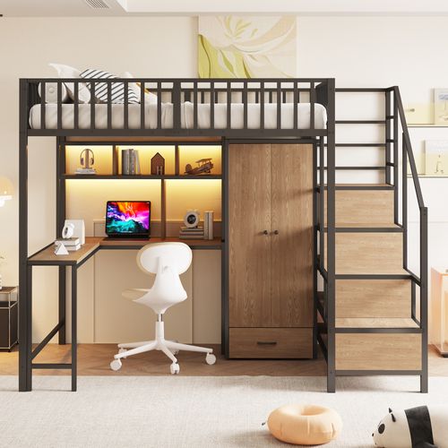 Lit Mezzanine 140x200 Cm Avec Structure Métallique Noir