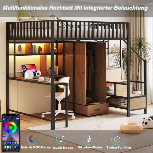 Lit Mezzanine 140x200 Cm Avec Structure Métallique Noir