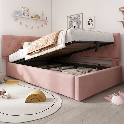 Lit Coffre 90x190 Cm Avec Sommier Relevable Tissu Velours Rose