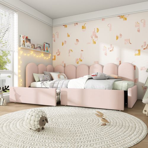 Lit Coffre 90x200 Cm Avec Structure à Tiroirs Tissu Velours Rose