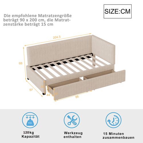 Lit Rembourré 90x200 Cm Avec 2 Tiroirs De Rangement Tissu Beige