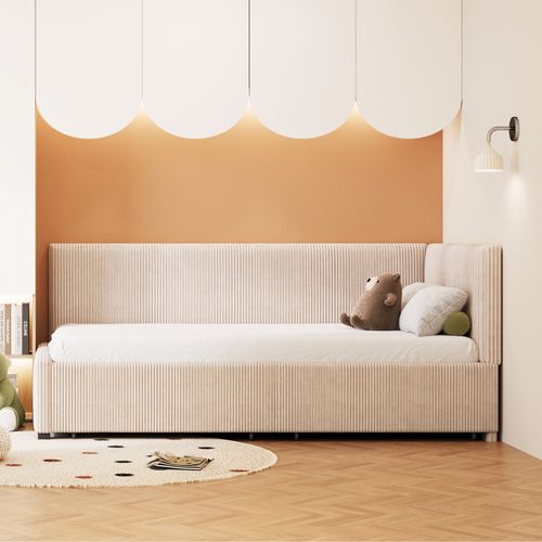 Lit Rembourré 90x200 Cm Avec 2 Tiroirs De Rangement Tissu Beige