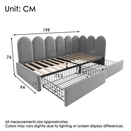 Lit Coffre 90x190 Cm Avec 2 Tiroirs De Rangement En Velours Gris