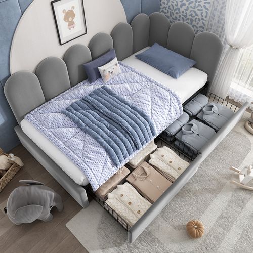 Lit Coffre 90x190 Cm Avec 2 Tiroirs De Rangement En Velours Gris