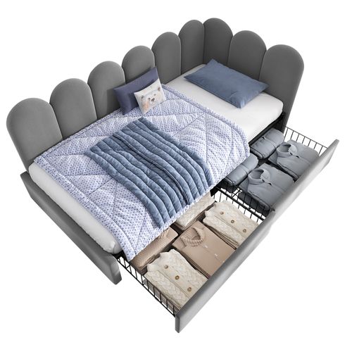 Lit Coffre 90x190 Cm Avec 2 Tiroirs De Rangement En Velours Gris