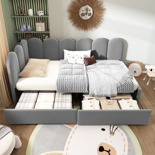 Lit Coffre 90x190 Cm Avec 2 Tiroirs De Rangement En Velours Gris