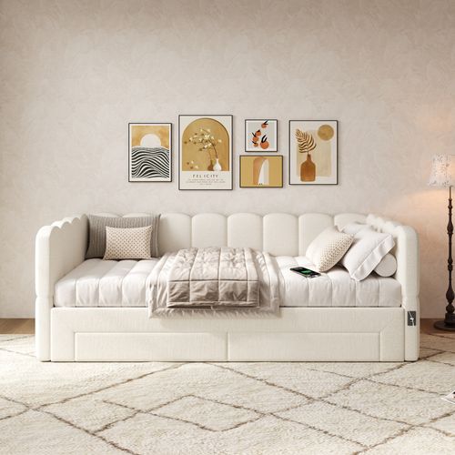 Lit Simple 90x190 Cm Avec Structure Extensible En 180x190 Cm Tissu Beige