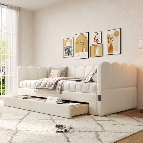 Lit Simple 90x190 Cm Avec Structure Extensible En 180x190 Cm Tissu Beige