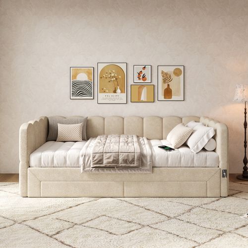 Canapé-lit 90x190 Cm Avec Couchage Extensible 180x190 Cm Chenille Beige