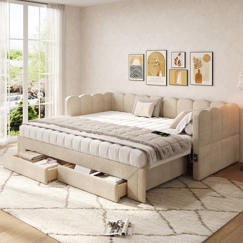 Lit Simple 90x200 Cm Avec Structure Extensible En Lit 180x200 Cm Beige En Chenille