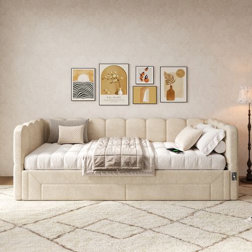 Lit Simple 90x200 Cm Avec Structure Extensible En Lit 180x200 Cm Beige En Chenille