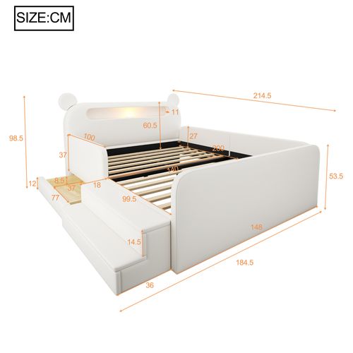 Lit Rembourré 140x200 Cm Avec Structure Avec Rangement Blanc
