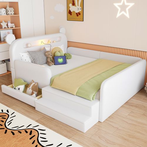 Lit Rembourré 140x200 Cm Avec Structure Avec Rangement Blanc