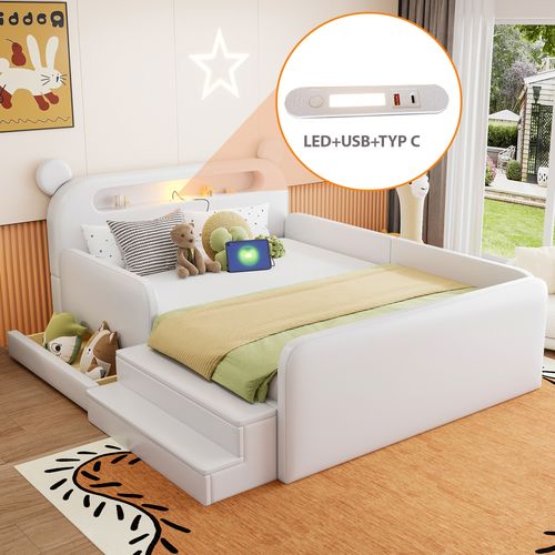 Lit Rembourré 140x200 Cm Avec Structure Avec Rangement Blanc