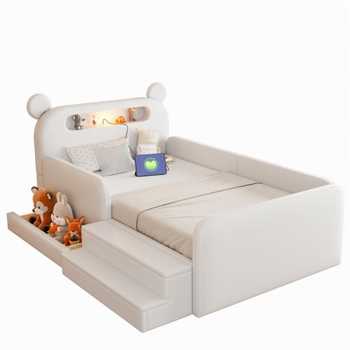 Lit Rembourré 90x200 Cm Avec Structure Avec Rangement Intégré Tête De Lit Ours Blanche