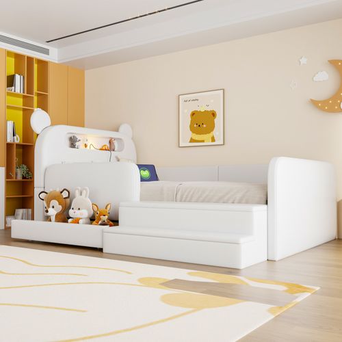 Lit Rembourré 90x200 Cm Avec Structure Avec Rangement Intégré Tête De Lit Ours Blanche