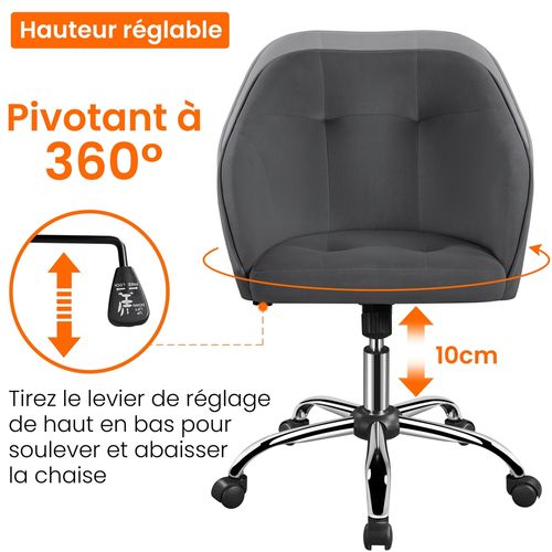 Chaise De Bureau Capitonné à Roulettes En Velours Gris