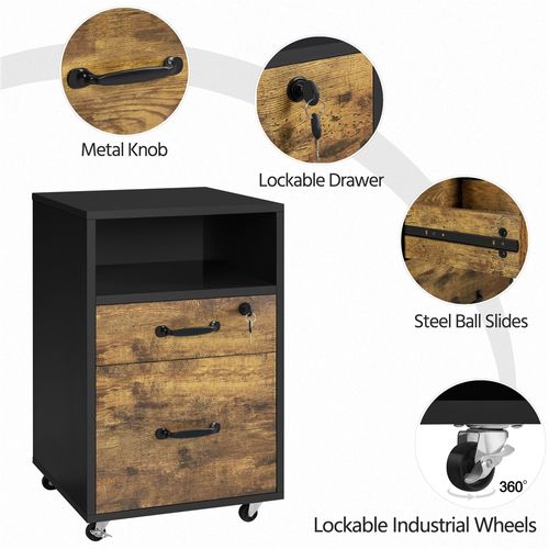 Caisson De Bureau à Roulettes En Bois Avec 2 Tiroirs Et 1 Compartiment En Bois, Brun Rustique