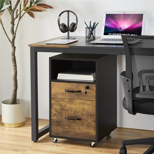Caisson De Bureau à Roulettes En Bois Avec 2 Tiroirs Et 1 Compartiment En Bois, Brun Rustique