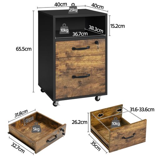 Caisson De Bureau à Roulettes En Bois Avec 2 Tiroirs Et 1 Compartiment En Bois, Brun Rustique
