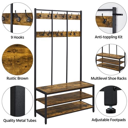 Porte-manteau En Bois Et Métal Avec Étagère à Chaussures à 3 Niveaux, Brun Rustique Et Noir