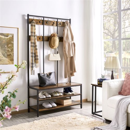 Porte-manteau En Bois Et Métal Avec Étagère à Chaussures à 3 Niveaux, Brun Rustique Et Noir