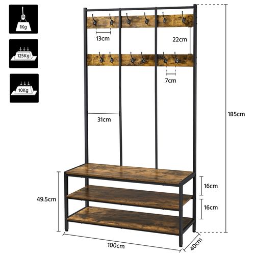 Porte-manteau En Bois Et Métal Avec Étagère à Chaussures à 3 Niveaux, Brun Rustique Et Noir