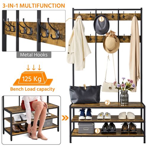 Porte-manteau En Bois Et Métal Avec Étagère à Chaussures à 3 Niveaux, Brun Rustique Et Noir