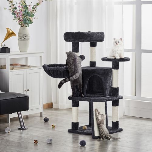 Arbre à Chat Multiniveau Avec Poteaux En Sisal, Perchoir, Panier Et Boule à Clochette, Noir