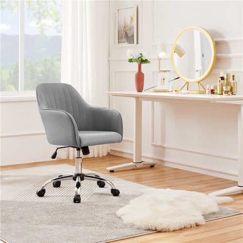 Chaise De Bureau Moderne En Velours Avec Roulettes Et Assise Réglable En Hauteur, Gris Clair