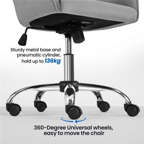 Chaise De Bureau Moderne En Velours Avec Roulettes Et Assise Réglable En Hauteur, Gris Clair