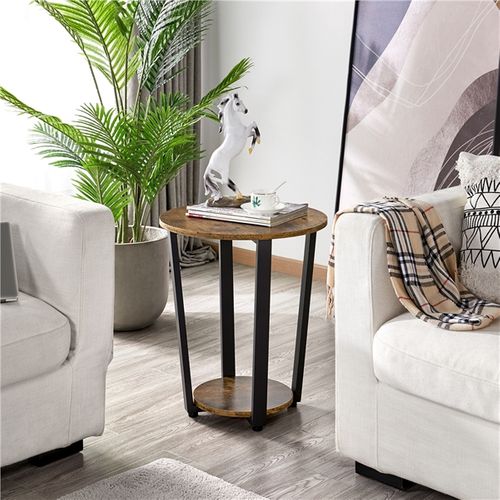 Bout De Canapé En Bois Industriel Rond à 2 Niveaux Marron Rustique