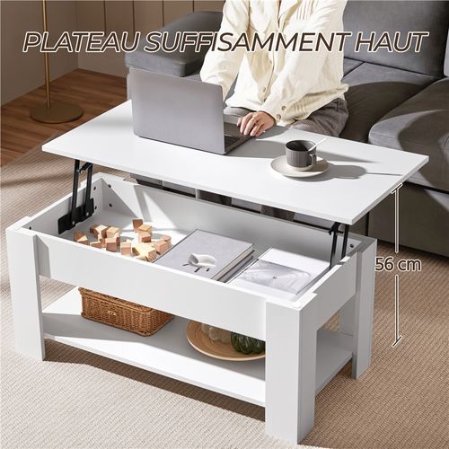 Table Basse Relevable Table De Salon Rectangulaire Avec Etagère Rangement Blanche